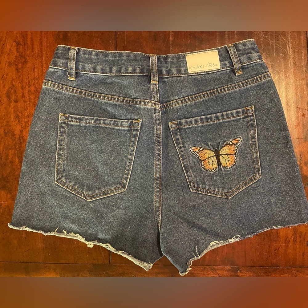 Khaki + Blue, Women's Distressed Blue Denim Shorts